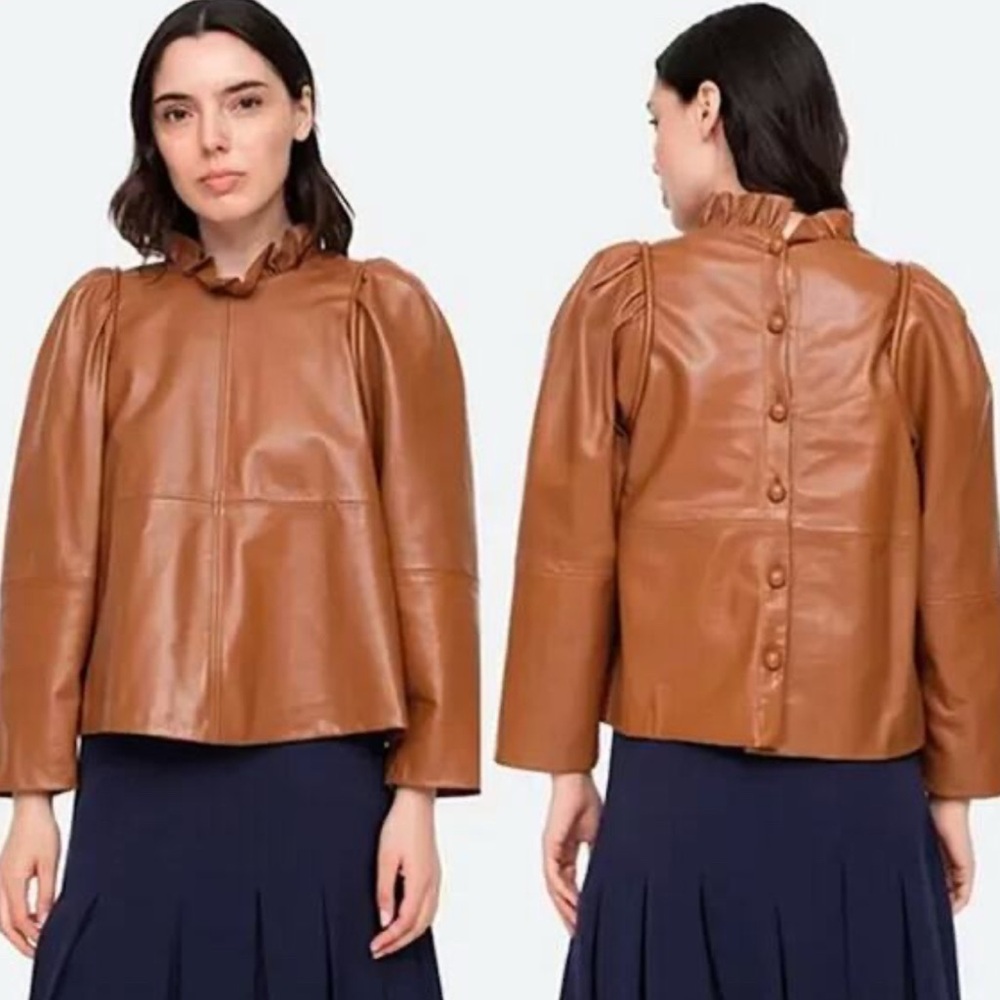 Sea New York Lora Leather Back Buttoned Ruffled Neck Top Caramel Brown